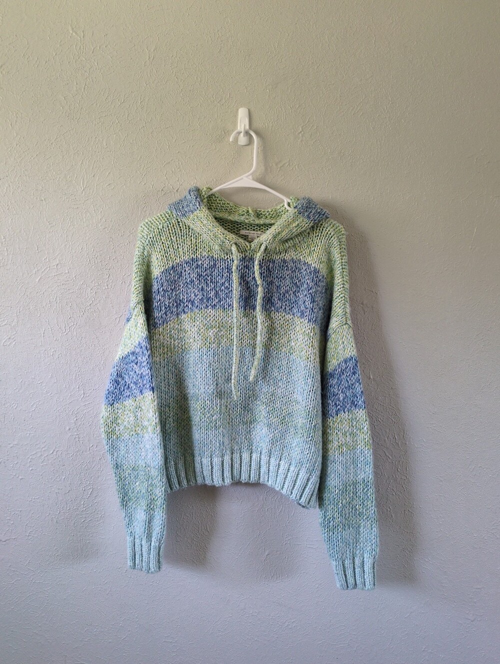 American Eagle Chunky Knit Striped Hooded Pullover Sweater - Light Blue & Mint